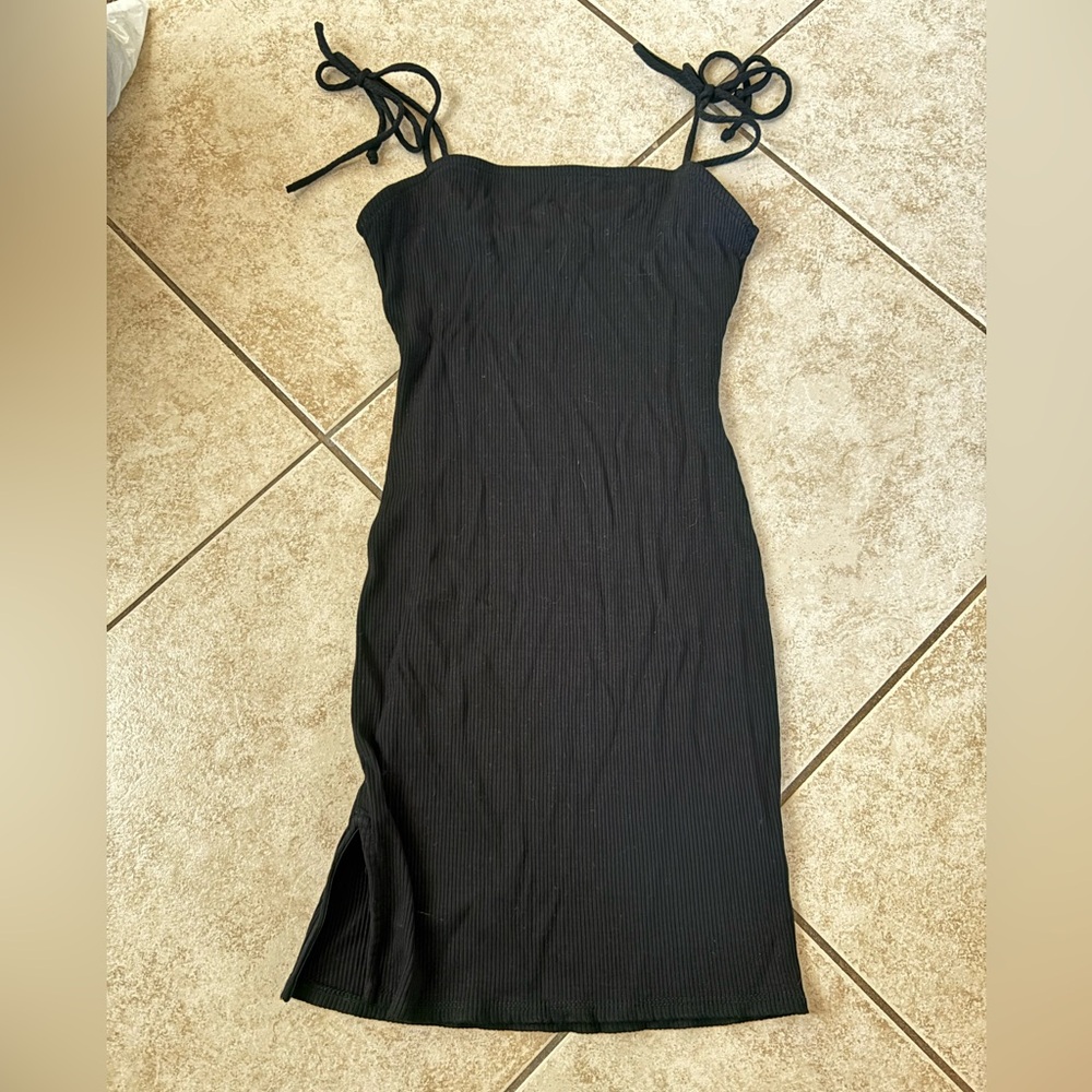 Urban Outfitters Black Ribbed Tie-Shoulder Mini Dress